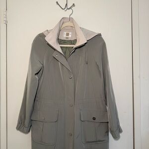 Women's Light Gray Hooded Raincoat Jacket - Layered Collar
